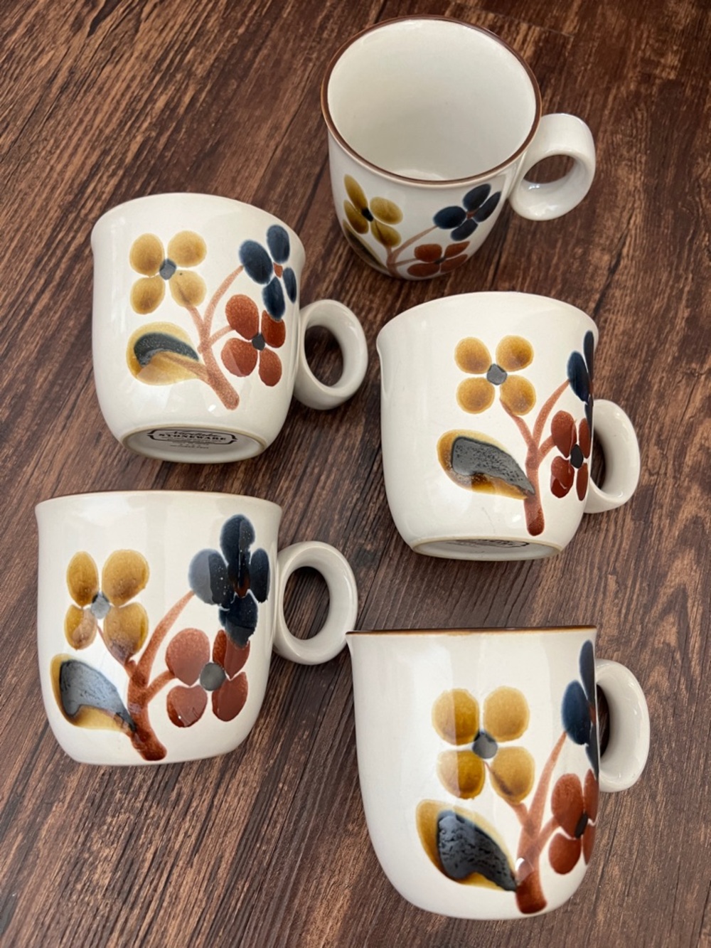 Hand-Painted Noritake Floral Stoneware Mugs - Set of 5